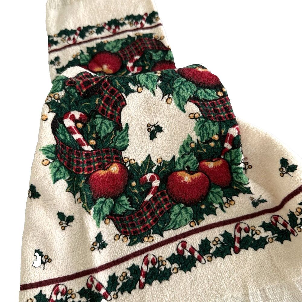 Vtg Cecil Saydah Christmas 2pc Kitchen Towels Dish Wreath Apples Cotton Xmas NWT - Picture 4 of 5